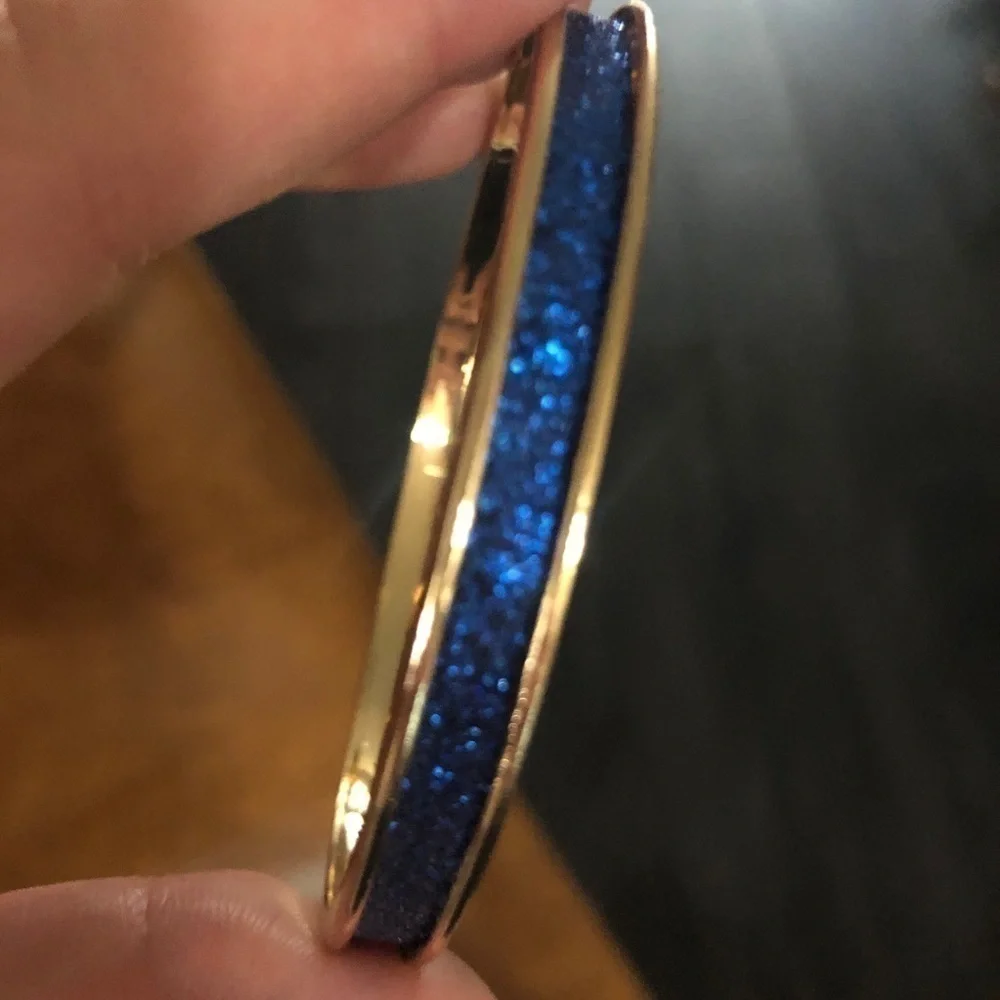 Blue Glitter Gold Tone Metal Bangle Bracelet